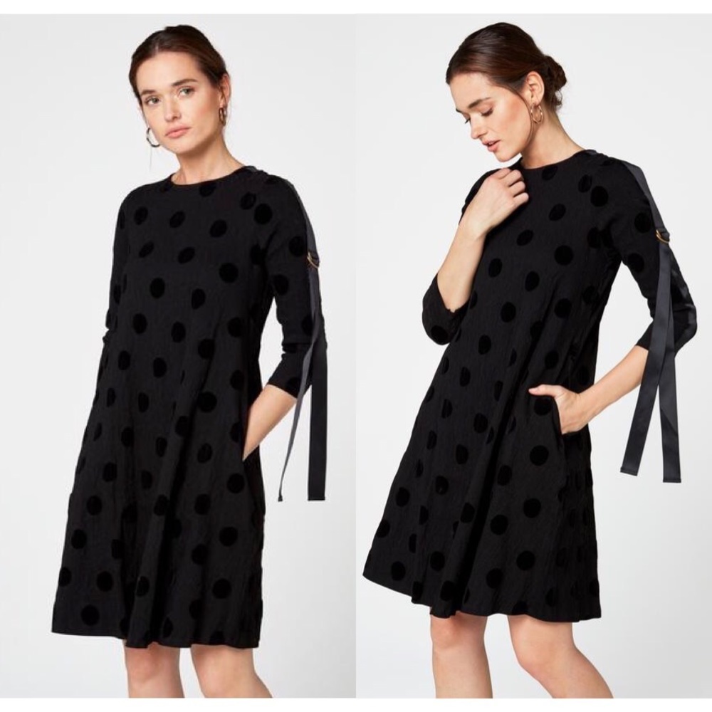 Caara Black D-Ring Sleeve Textured A-Line Dress